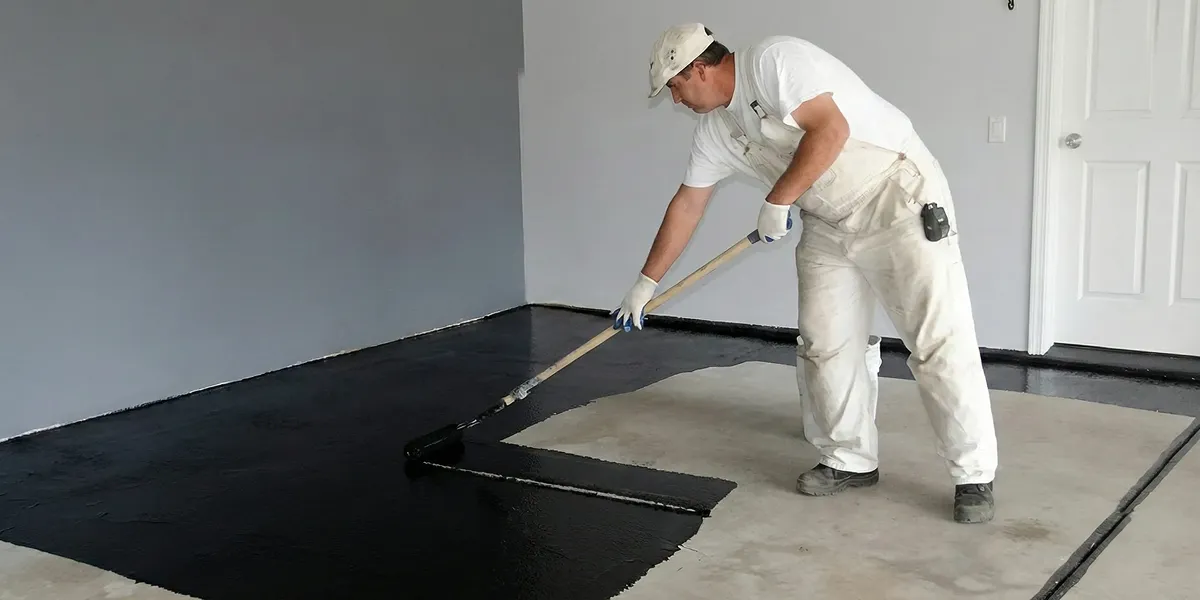 basement waterproofing professional applying waterproof coating to protect a basement floor in Allentown, PA