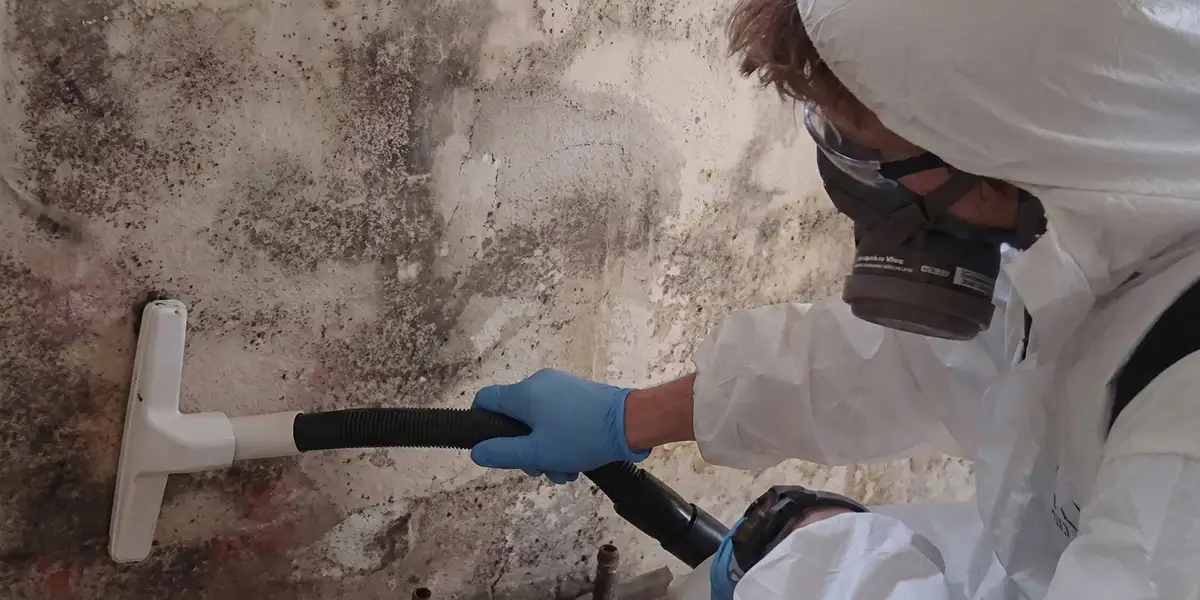 professional mold removal technician wearing protective equipment removing mold from a wall in Allentown, PA